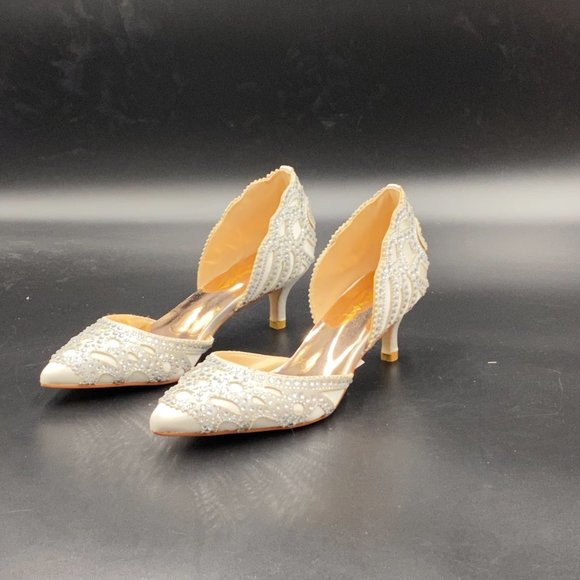 XYD White Chic Pointed Toe Low Heel D'Orsay Rhinestone Studs Pumps Wedding Shoes - Picture 1 of 10